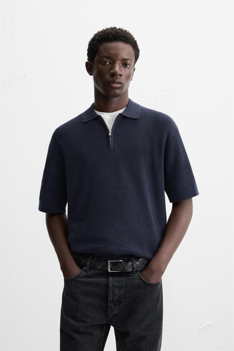 ZARA TEXTURED WEAVE POLO SHIRT WITH ZIP