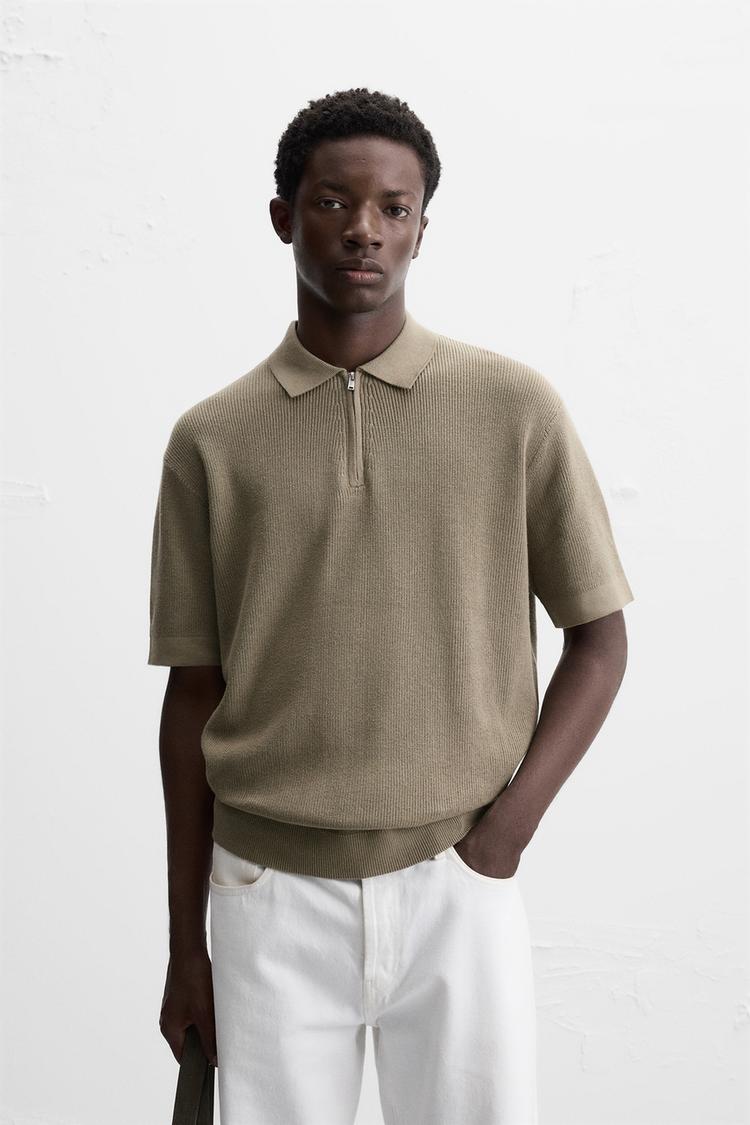 ZARA TEXTURED WEAVE POLO SHIRT WITH ZIP